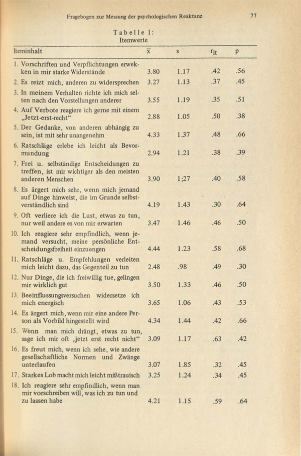 Fragebogen Reaktanz (Merz, 1983)